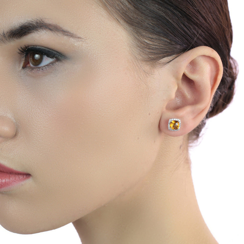 6mm x 6mm Citrine and 0.16ct diamond stud earrings in 18K white gold