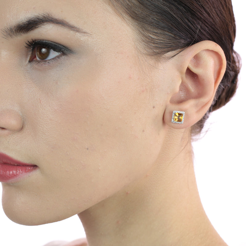 5mm x 5mm Citrine and 0.19ct diamond stud earrings in 9K white gold