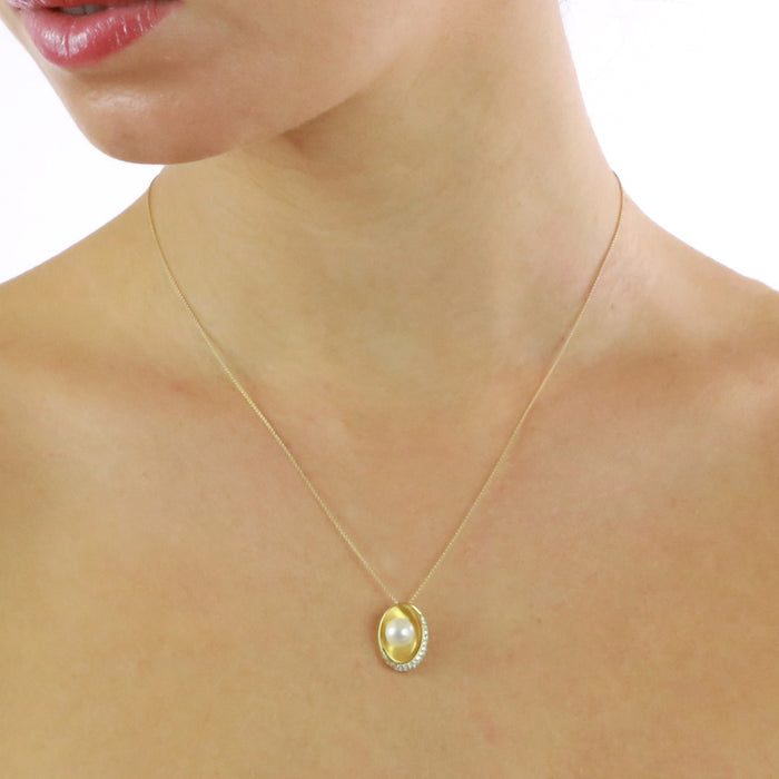 Freshwater Single Pearl Cocoon Pendant 0.14ct Diamond 9K Yellow Gold