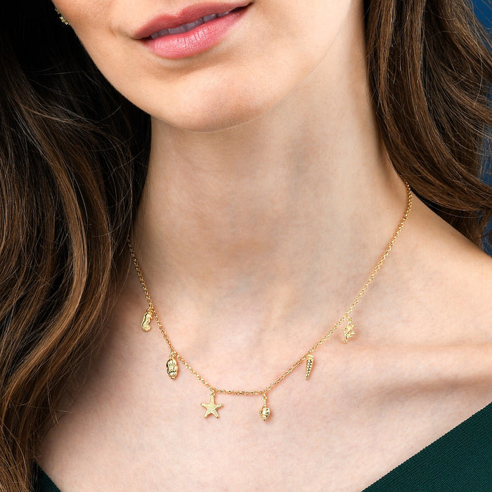 Gold Plated Sterling Silver Necklace With Starfish, Shells, Seahorse and Coral Charms