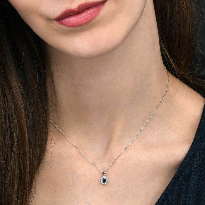 0.40ct Blue Sapphire Pendant Necklace 0.05ct Diamond 18K White Gold