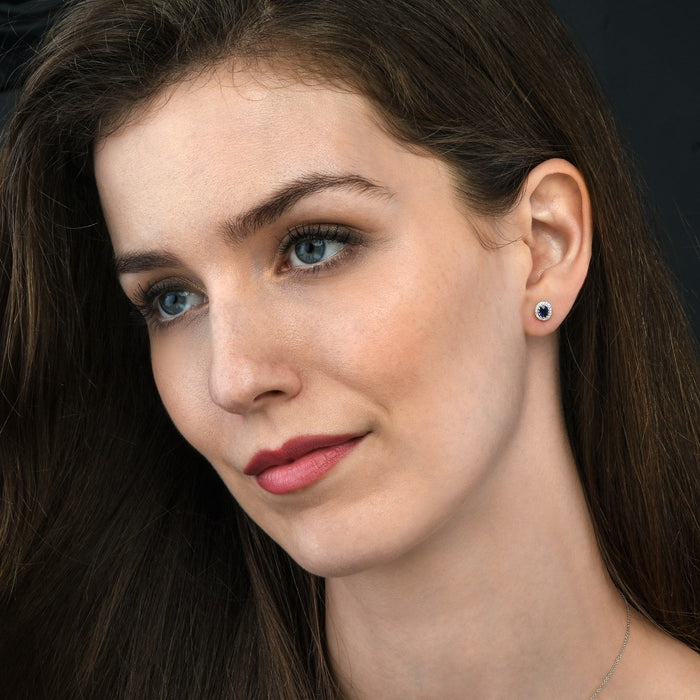 0.65ct Oval Sapphire Earrings with Diamond Halo 18K White Gold