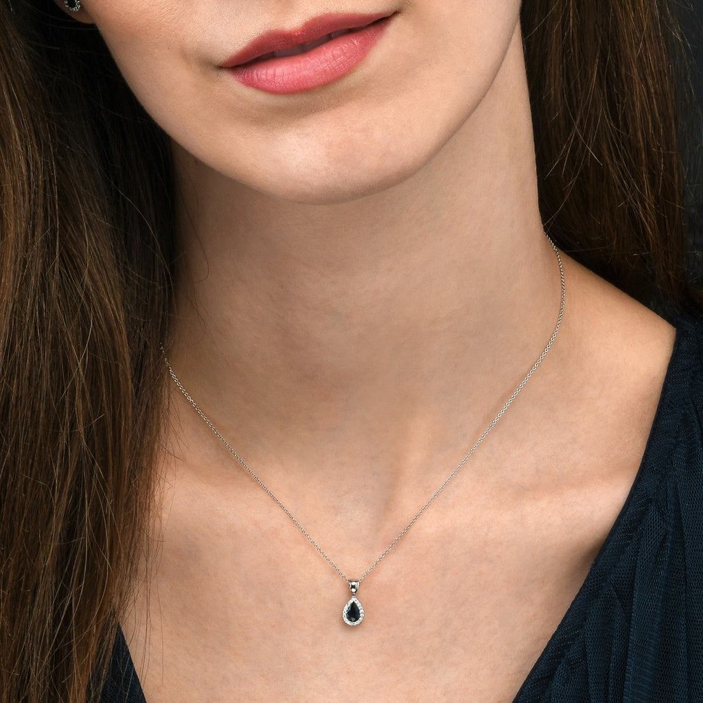 0.50ct Blue Sapphire Pendant Necklace 0.05ct Diamond 18K White Gold