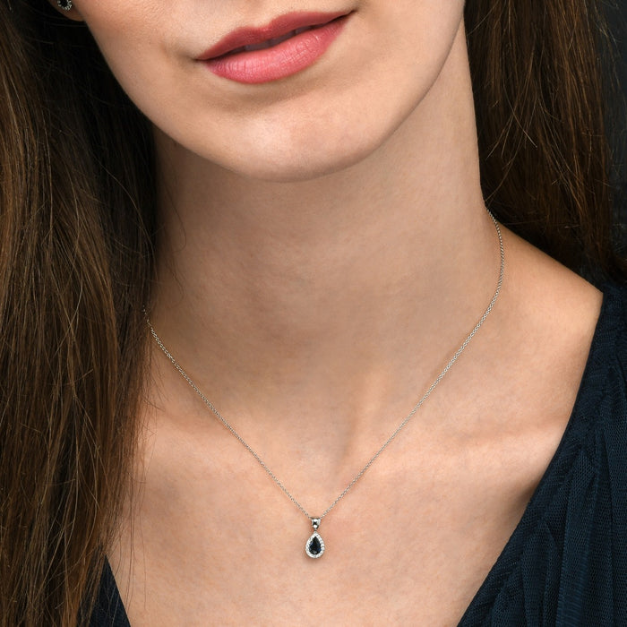 0.50ct Blue Sapphire Pendant Necklace 0.05ct Diamond 9K White Gold