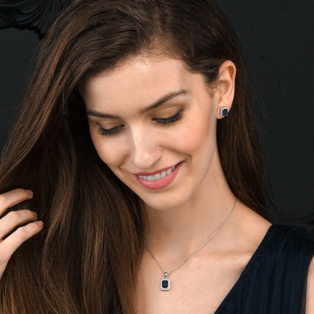 Sterling Silver Emerald Cut Blue Pendant Necklace