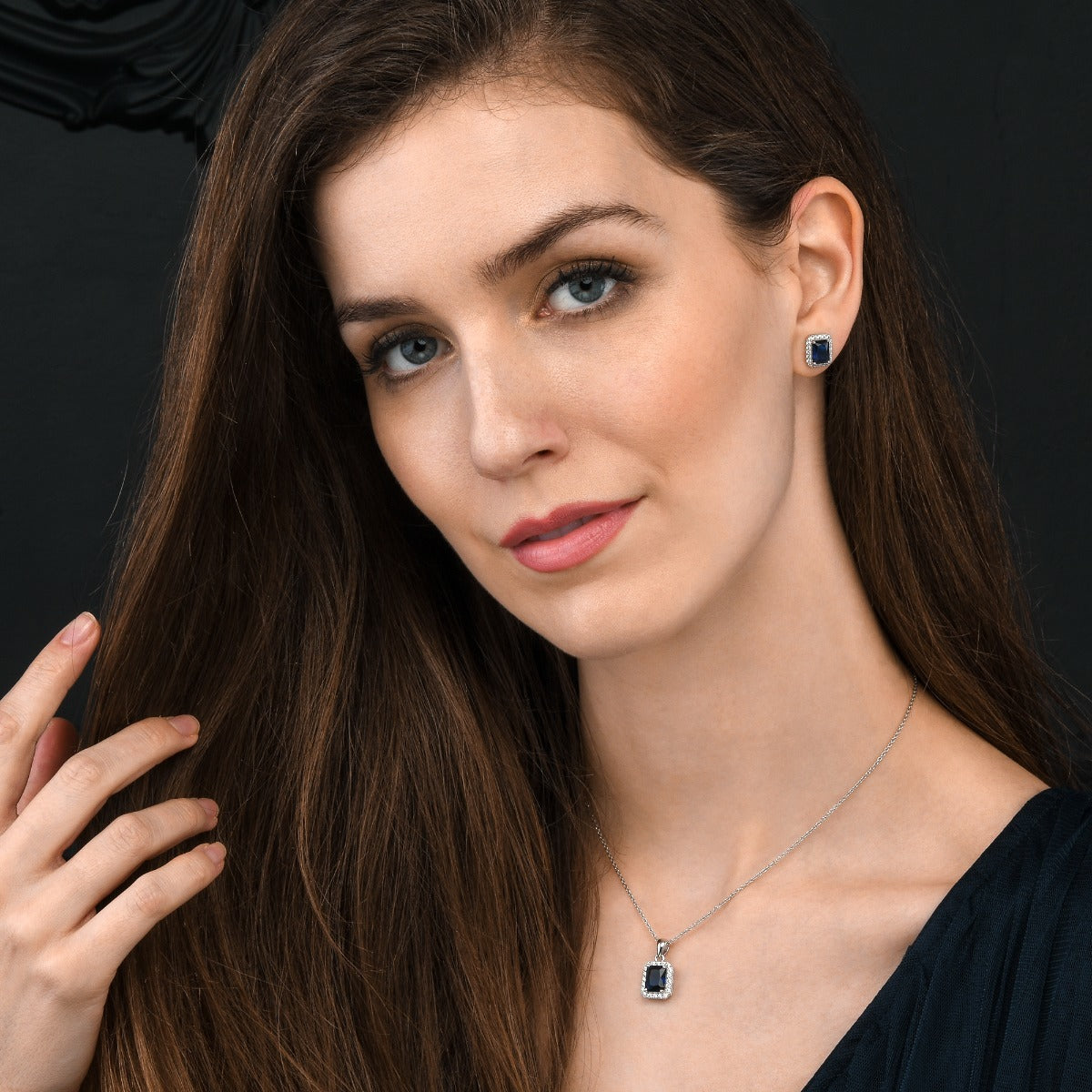 Sterling Silver Emerald Cut Blue Halo Stud Earrings