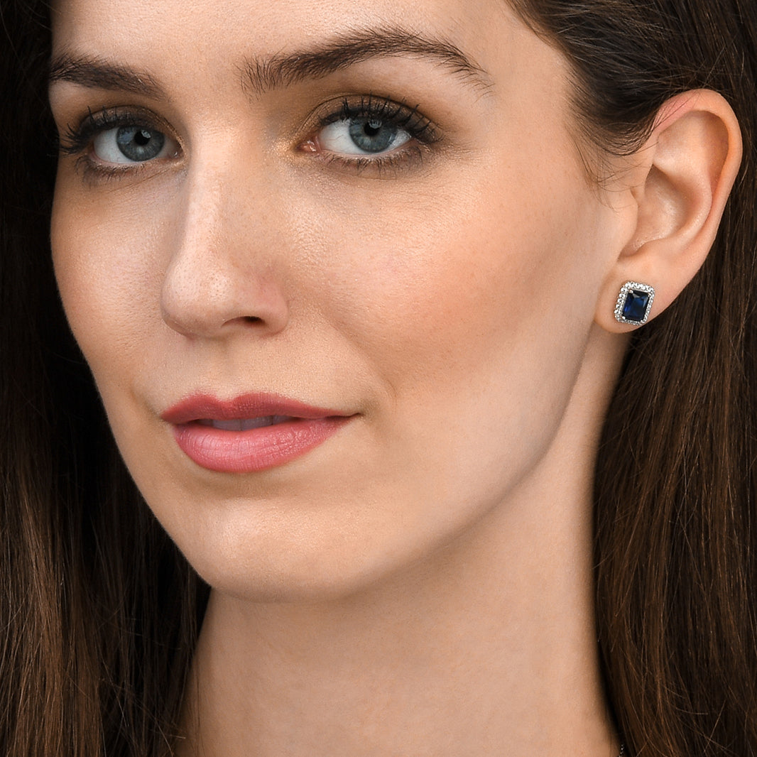 Sterling Silver Emerald Cut Blue Halo Stud Earrings
