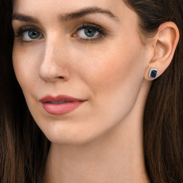 Sterling Silver Emerald Cut Blue Halo Stud Earrings