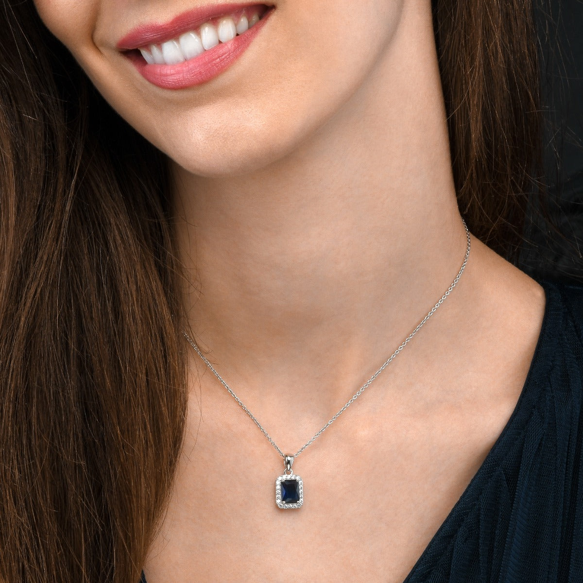 Emerald Cut Blue Pendant Necklace in 925 Sterling Silver