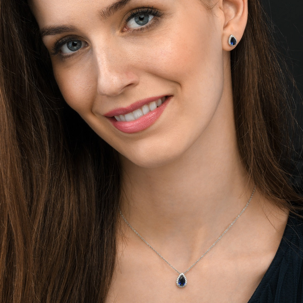 Sterling Silver Pear Shaped Sapphire Blue Pendant Necklace