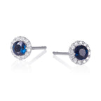 Blue sapphire halo stud earrings in 9CT white gold
