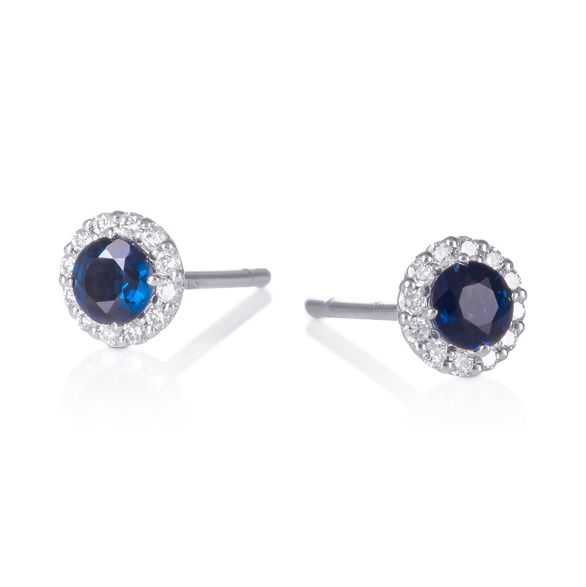 Blue sapphire halo stud earrings in 9CT white gold