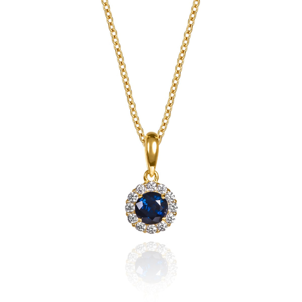 Blue sapphire halo necklace in 9ct solid gold