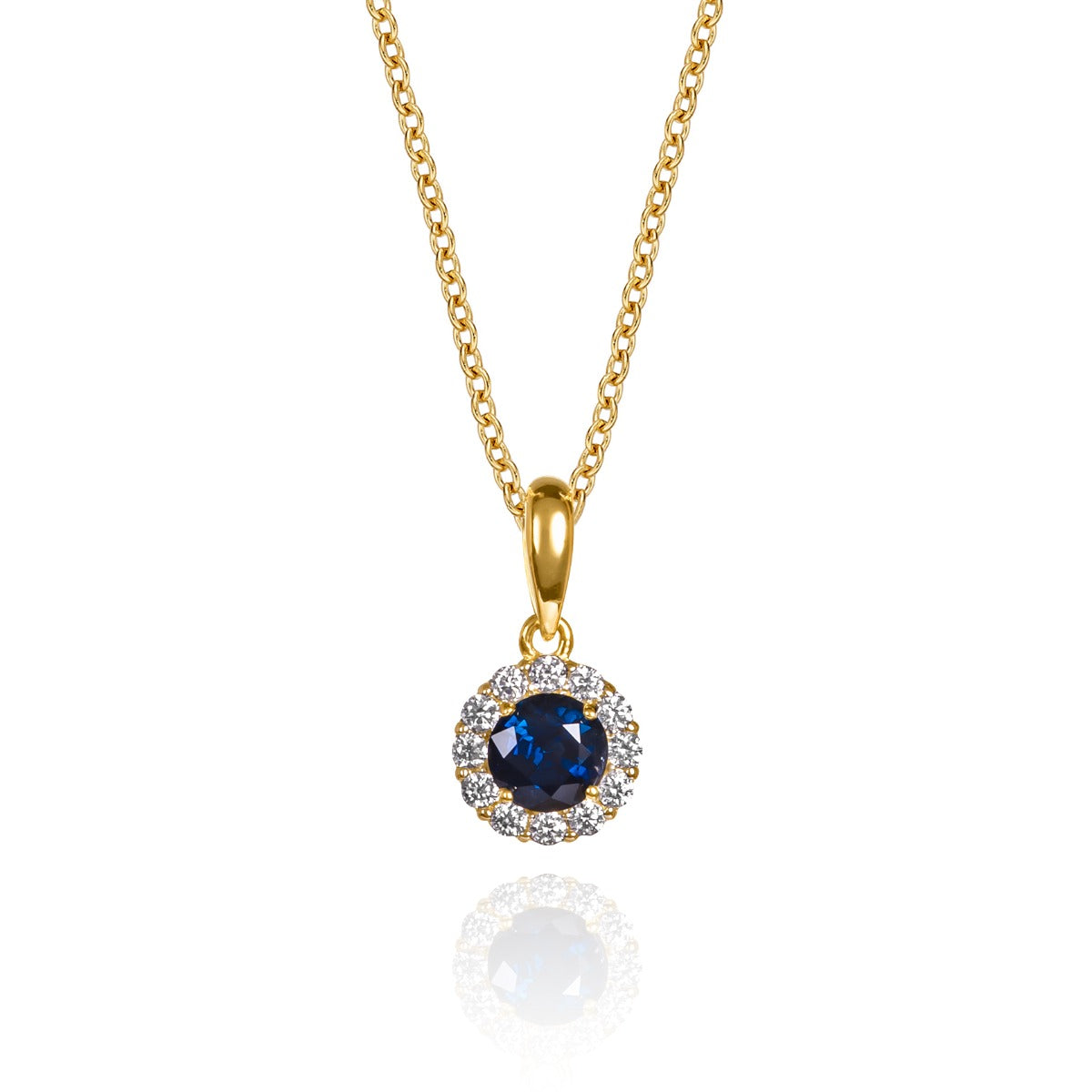 Blue sapphire halo necklace in 9ct solid gold