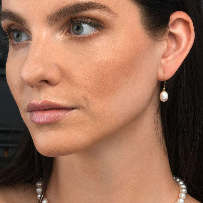Pearl Drop Earrings with White Freshwater Drop Pearls in 9K Yellow Gold