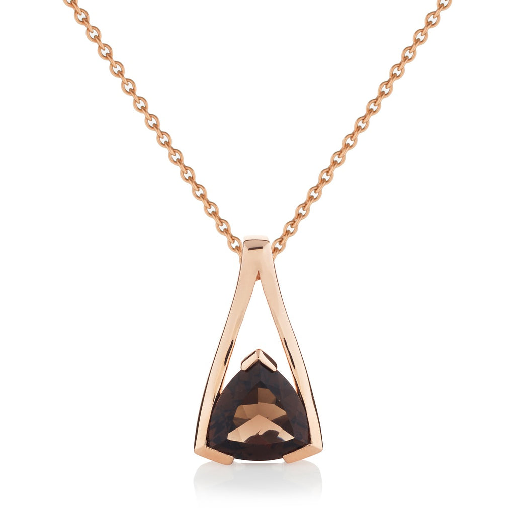 Trillion Cut Smoky Quartz Pendant Necklace in Rose Gold Plated Sterling Silver