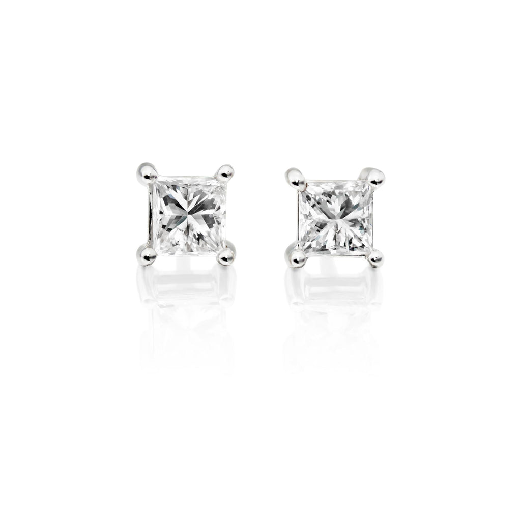 Solitaire 0.10ct 4 claw princess diamond studs in 18K white gold