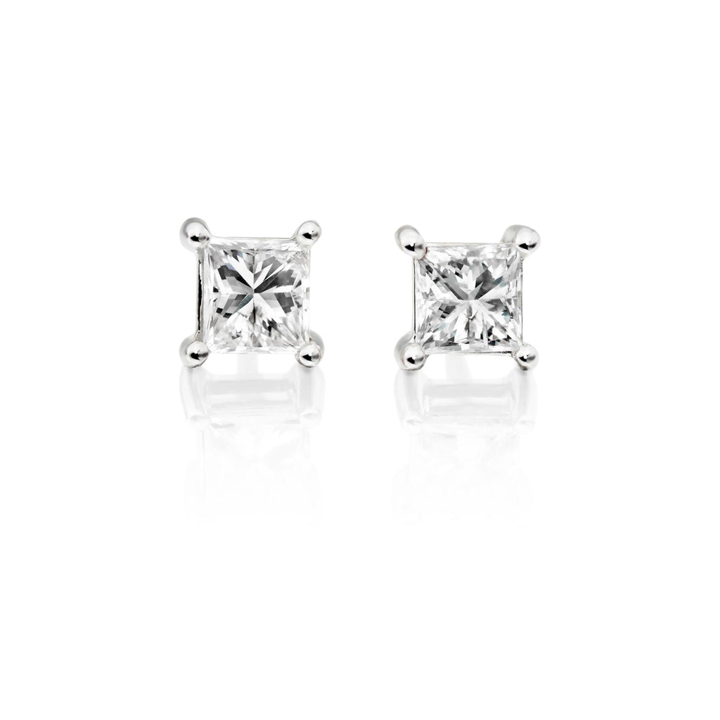 Solitaire 0.30ct 4 claw princess diamond studs in 9K white gold