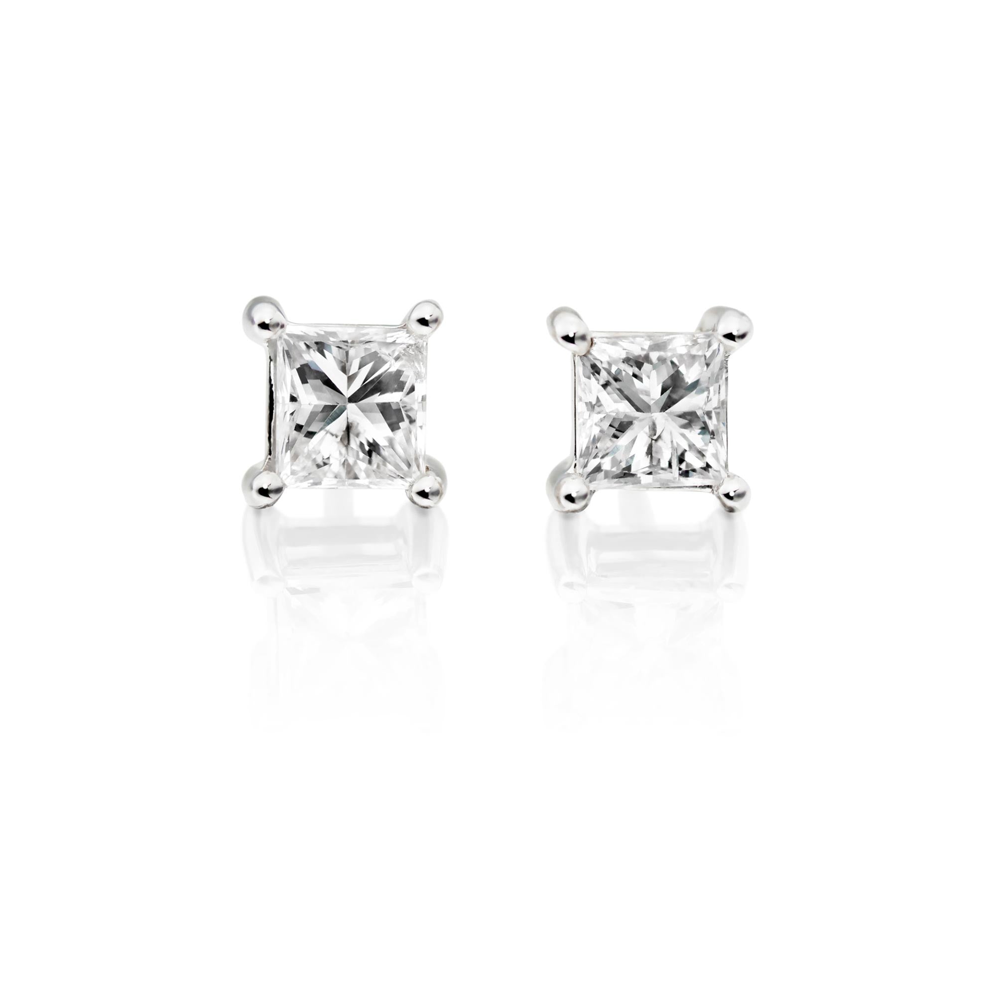 Solitaire 0.40ct 4 claw princess diamond studs in 18K white gold
