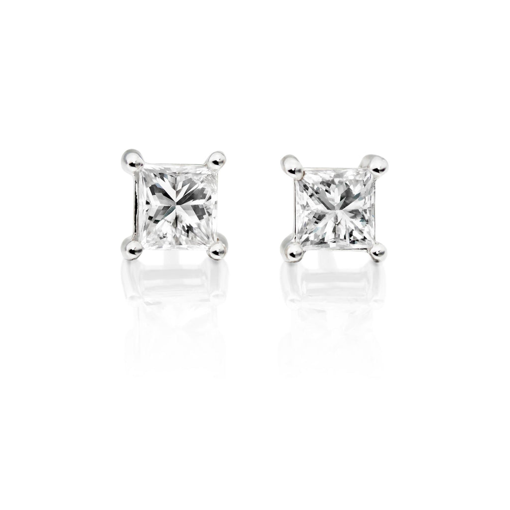Solitaire 0.50ct 4 claw princess diamond studs in 18K white gold