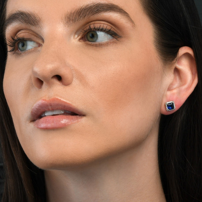 Sterling Silver Dark Blue Square Shaped Stud Earrings