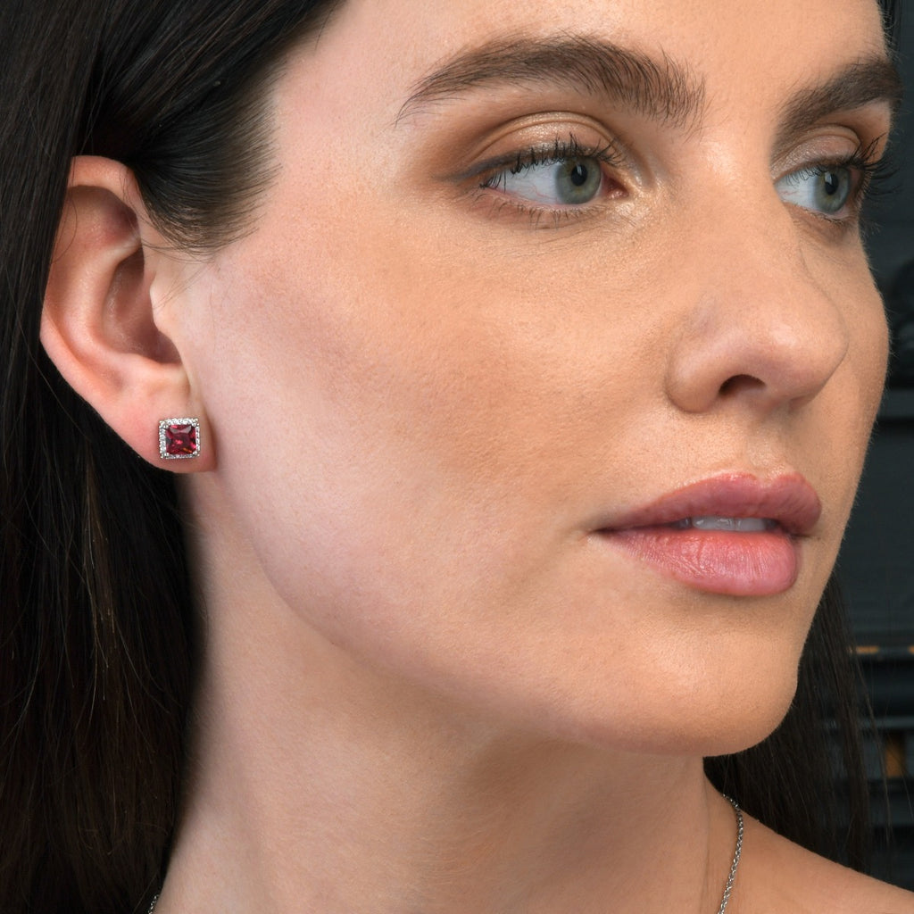 Sterling Silver Square Shaped Red Stud Earrings