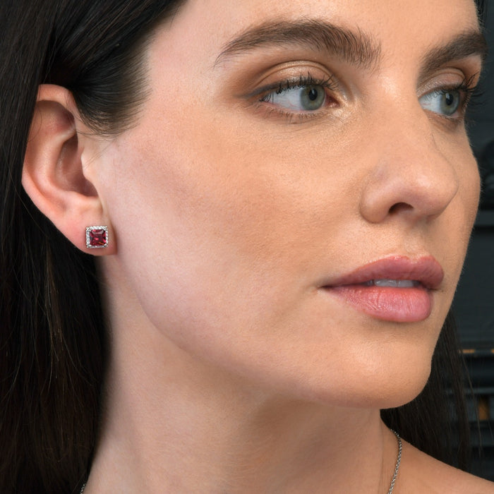 Sterling Silver Square Shaped Red Stud Earrings