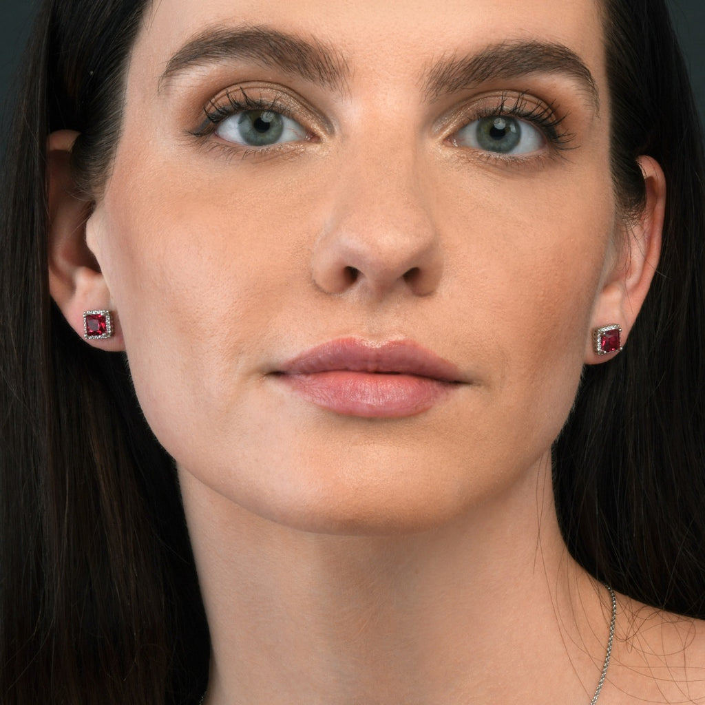 Sterling Silver Square Shaped Red Stud Earrings
