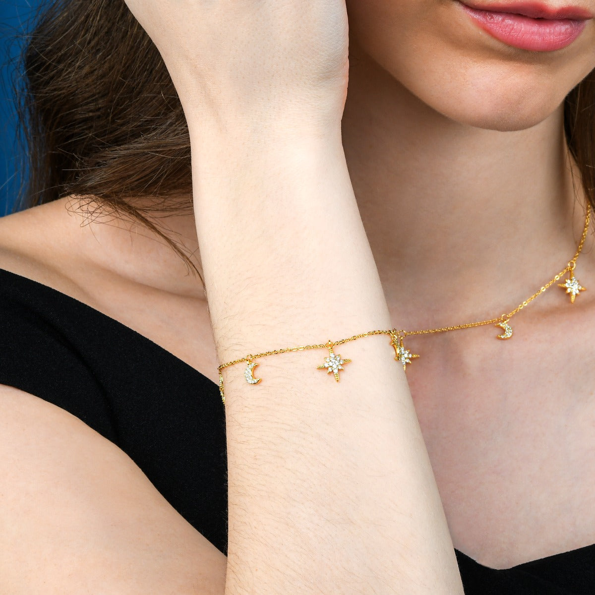 Gold Plated Sterling Silver Moon and Star Charm Bracelet with Sparkling Cubic Zirconia 