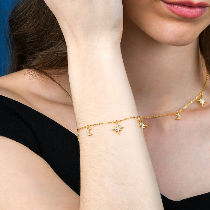 Gold Plated Sterling Silver Moon and Star Charm Bracelet with Sparkling Cubic Zirconia