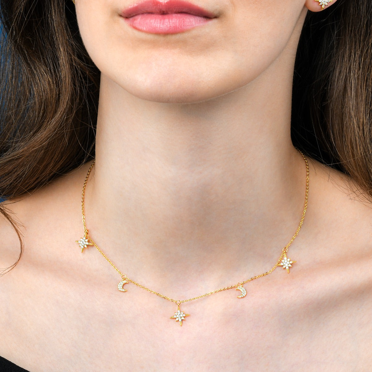 Gold Plated Sterling Silver Moon and Star Charm Necklace with Sparkling Cubic Zirconia 
