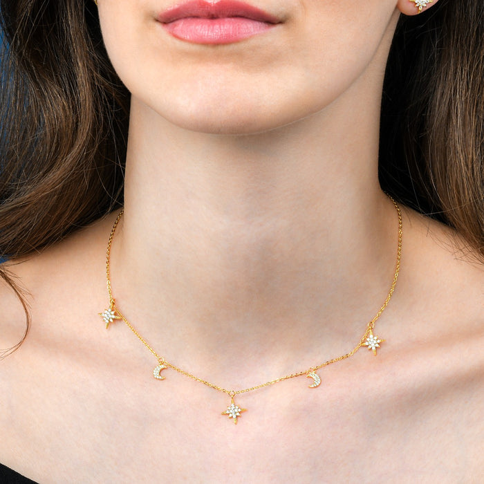 Gold Plated Sterling Silver Moon and Star Charm Necklace with Sparkling Cubic Zirconia