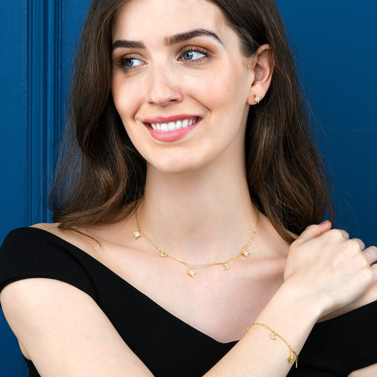 Gold Plated Sterling Silver Moon and Star Charm Necklace with Sparkling Cubic Zirconia