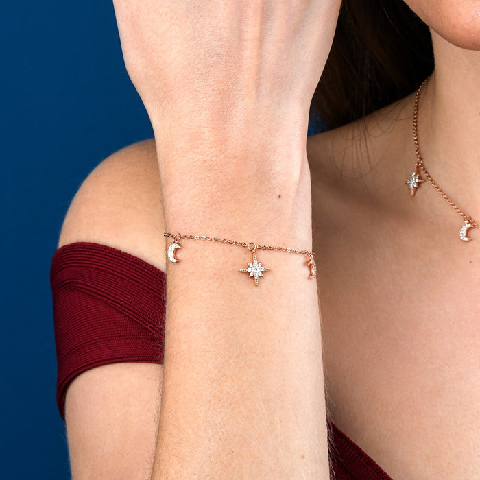 Rose Gold Plated Sterling Silver Moon and Star Charm Bracelet with Cubic Zirconia