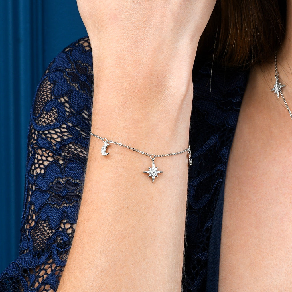 925 Sterling Silver Moon and Star Charm Bracelet with Sparkling Cubic Zirconia 