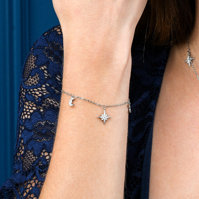 925 Sterling Silver Moon and Star Charm Bracelet with Sparkling Cubic Zirconia