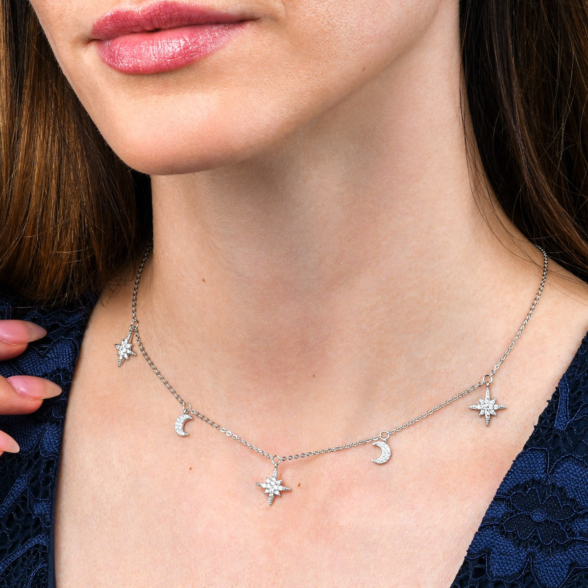 925 Sterling Silver Moon and Star Charm Necklace with Sparkling Cubic Zirconia 