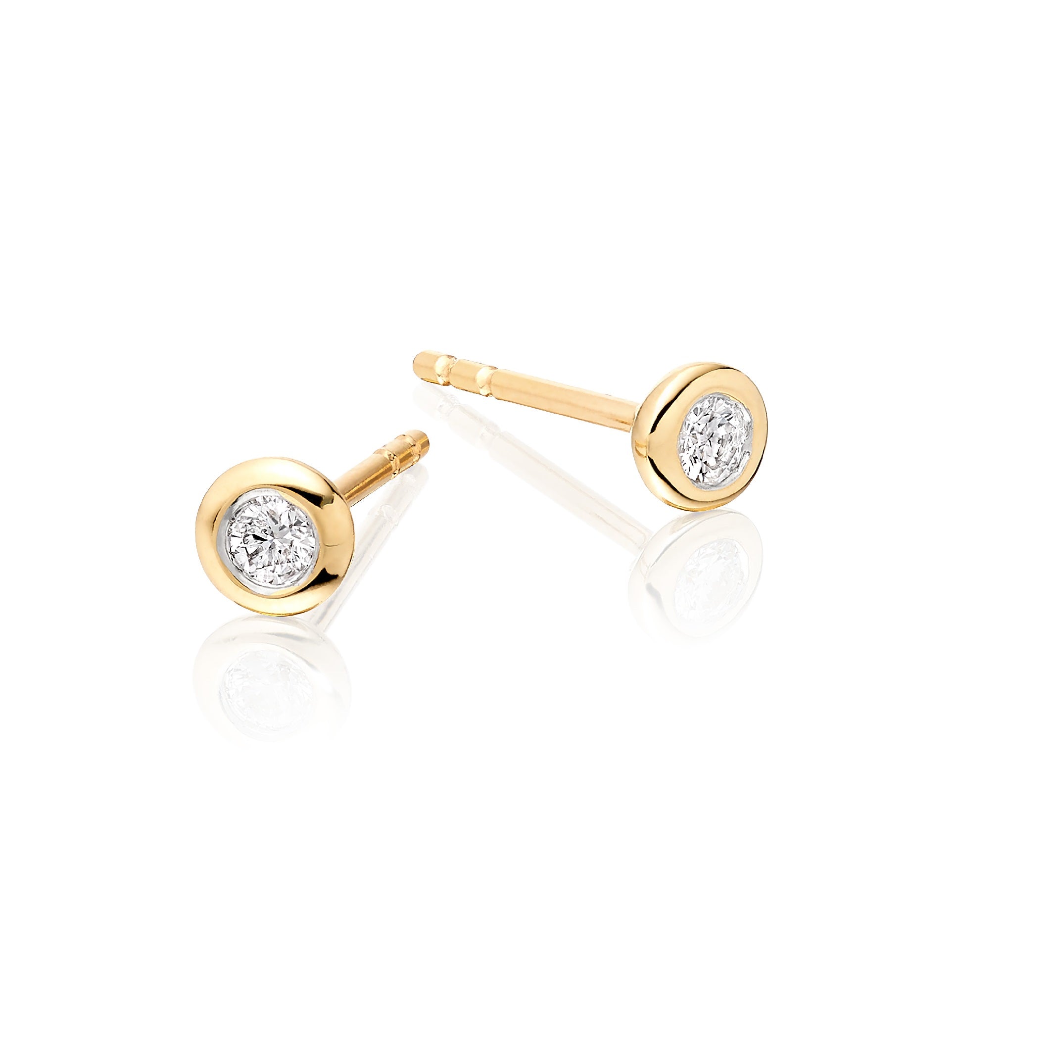 Solitaire 0.10ct Bezel set round diamond studs in 18K yellow gold