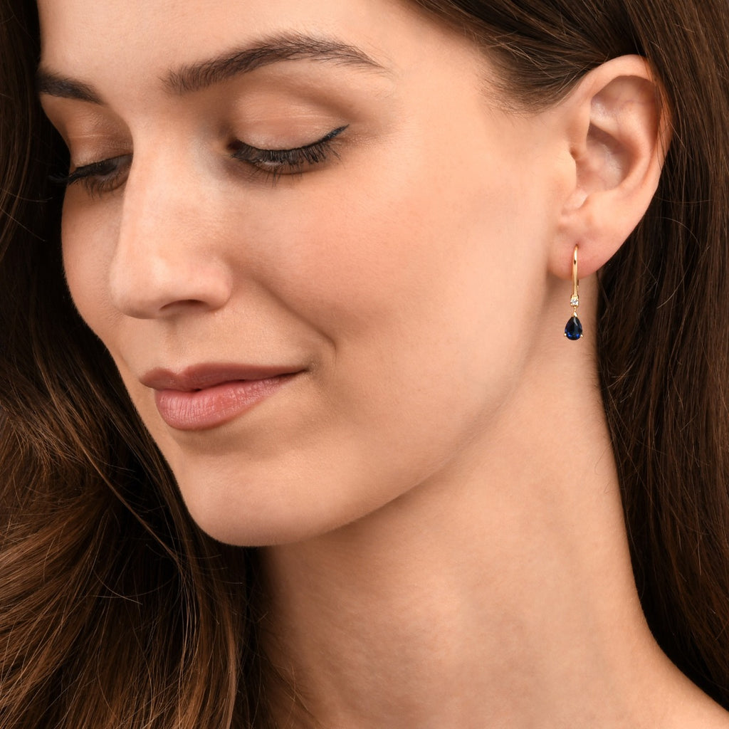 Gold Plated Sterling Silver Blue Pear CZ Leverback Drop Earrings
