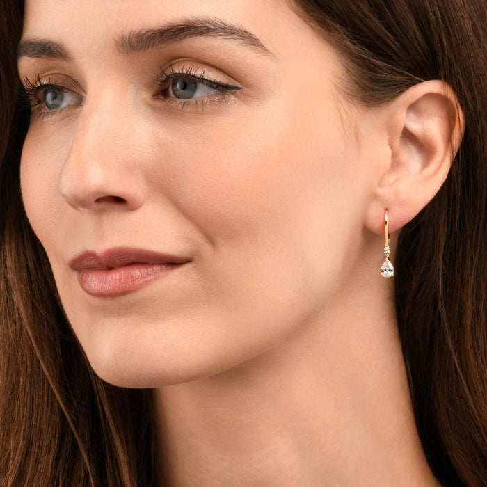 Gold Plated Sterling Silver Pear CZ Leverback Drop Earrings