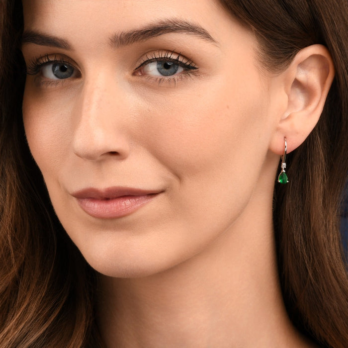 Sterling Silver Green Pear CZ Leverback Drop Earrings