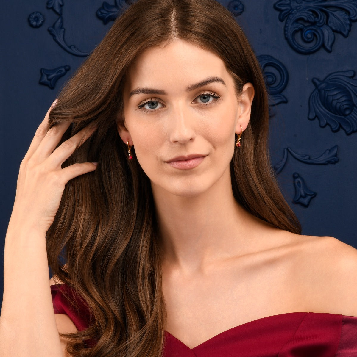 Gold Plated Sterling Silver Red Pear CZ Leverback Drop Earrings