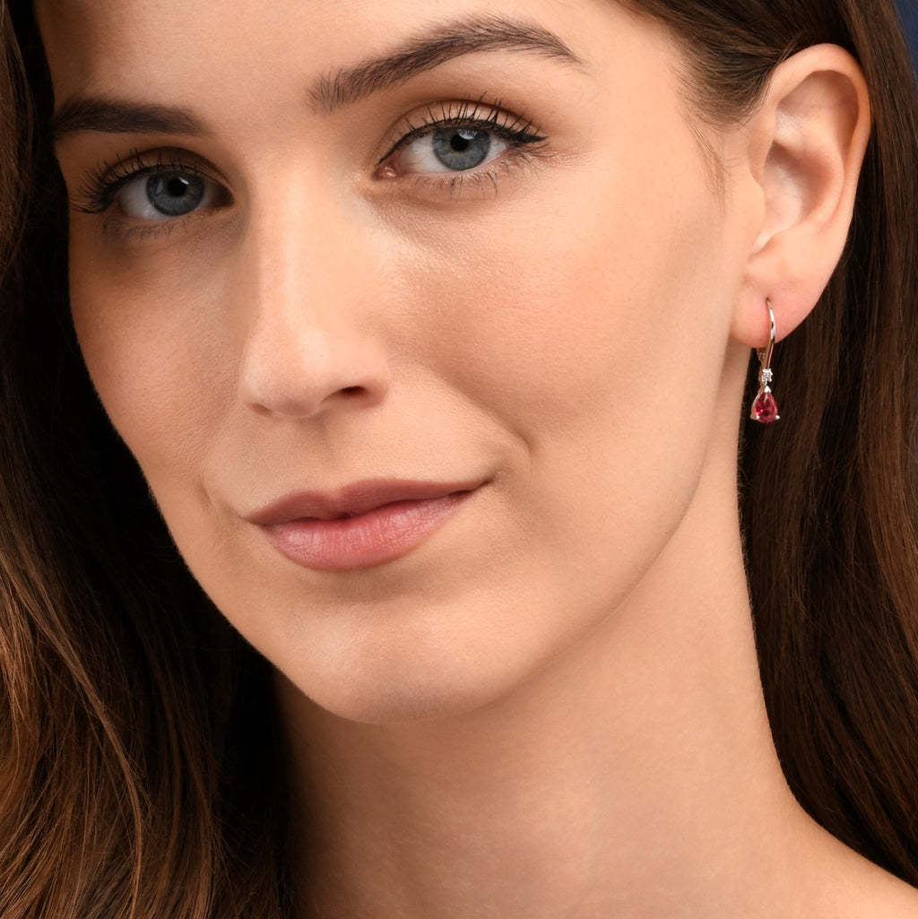Sterling Silver Red Pear CZ Leverback Drop Earrings