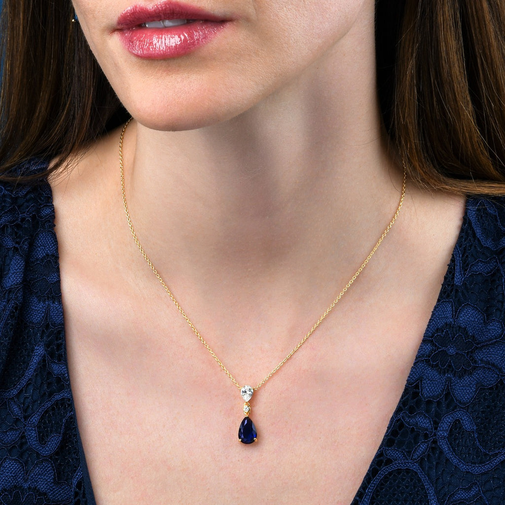 Gold Plated Sterling Silver Dark Blue Pear Drop Necklace