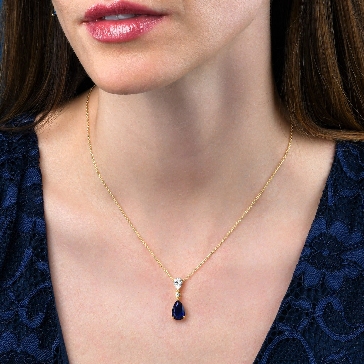 Gold Plated Sterling Silver Dark Blue Pear Drop Necklace