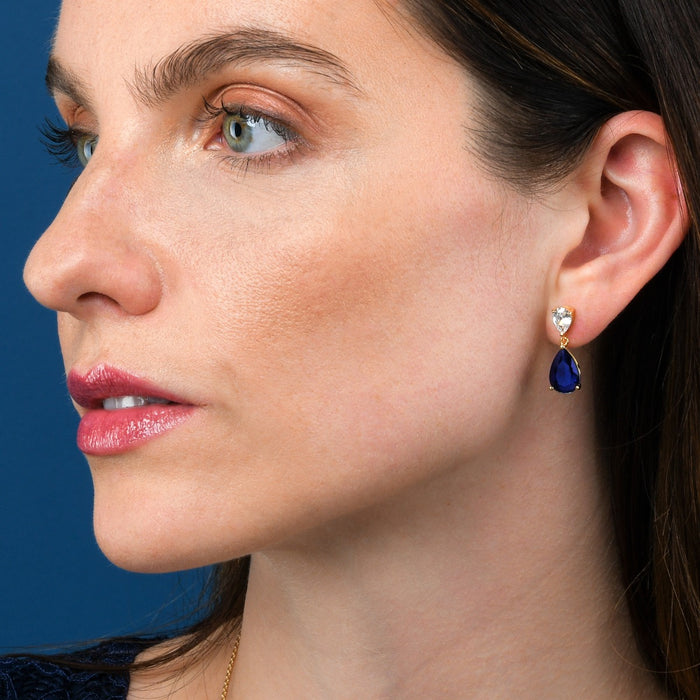Gold Plated Sterling Silver Pear Shaped Dark Blue Drop Earrings