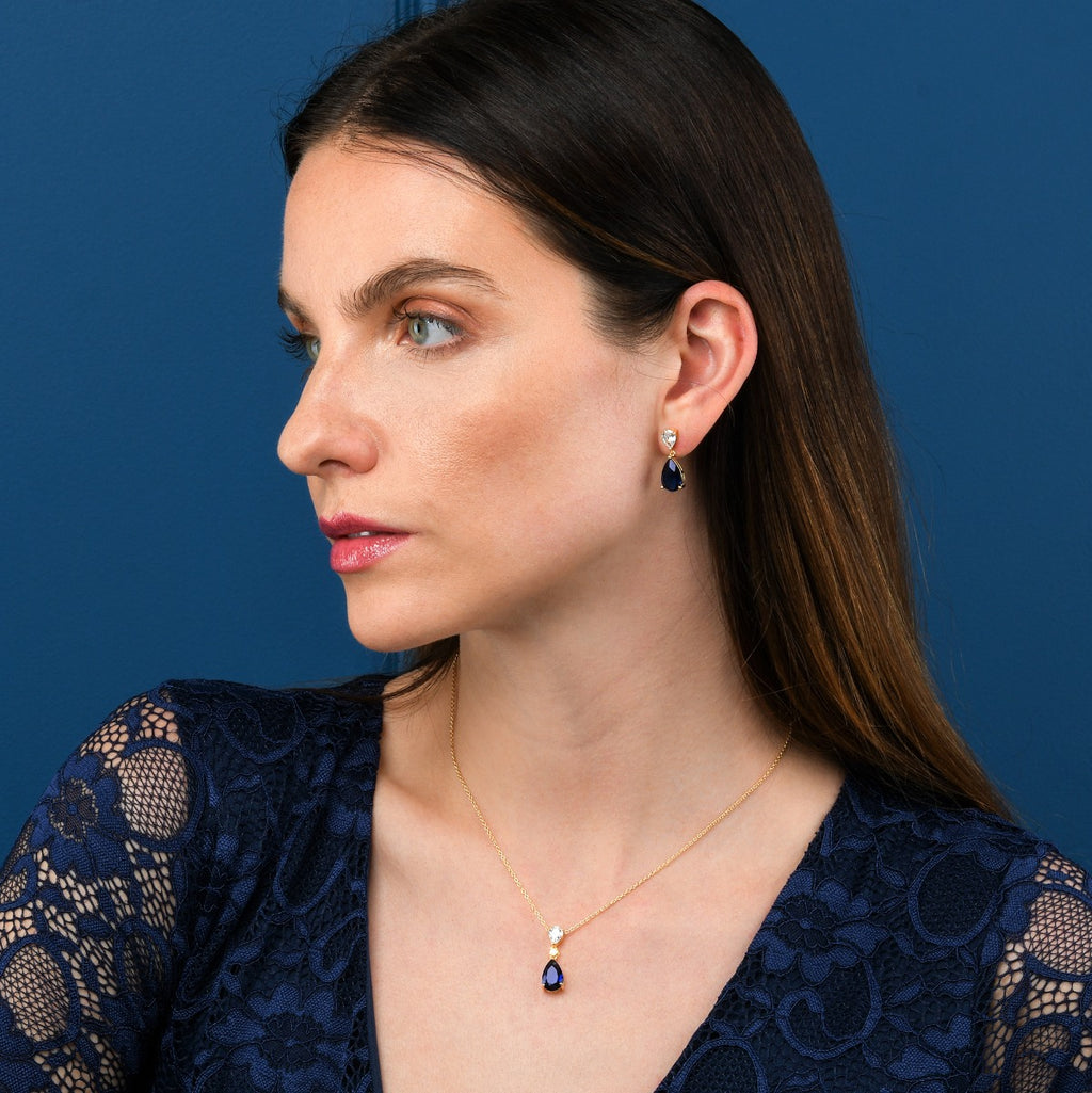 Gold Plated Sterling Silver Pear Shaped Dark Blue Drop Earrings
