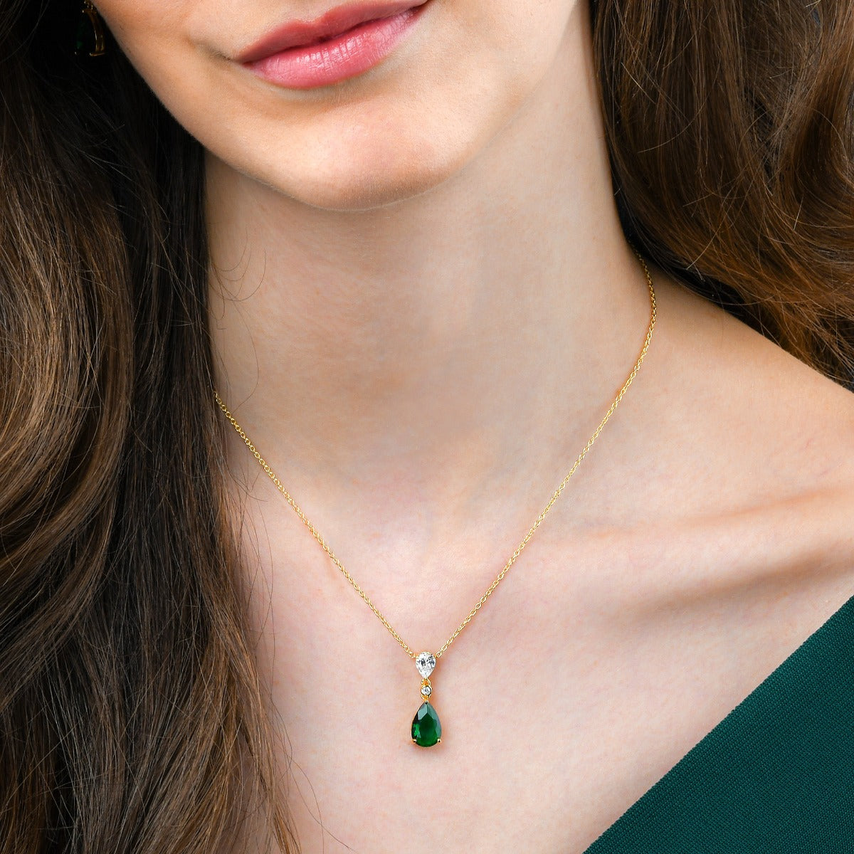 Gold Plated Sterling Silver Green Drop Pendant Necklace