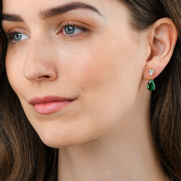 Gold Plated Sterling Silver Pear Shaped Green Drop Earrings