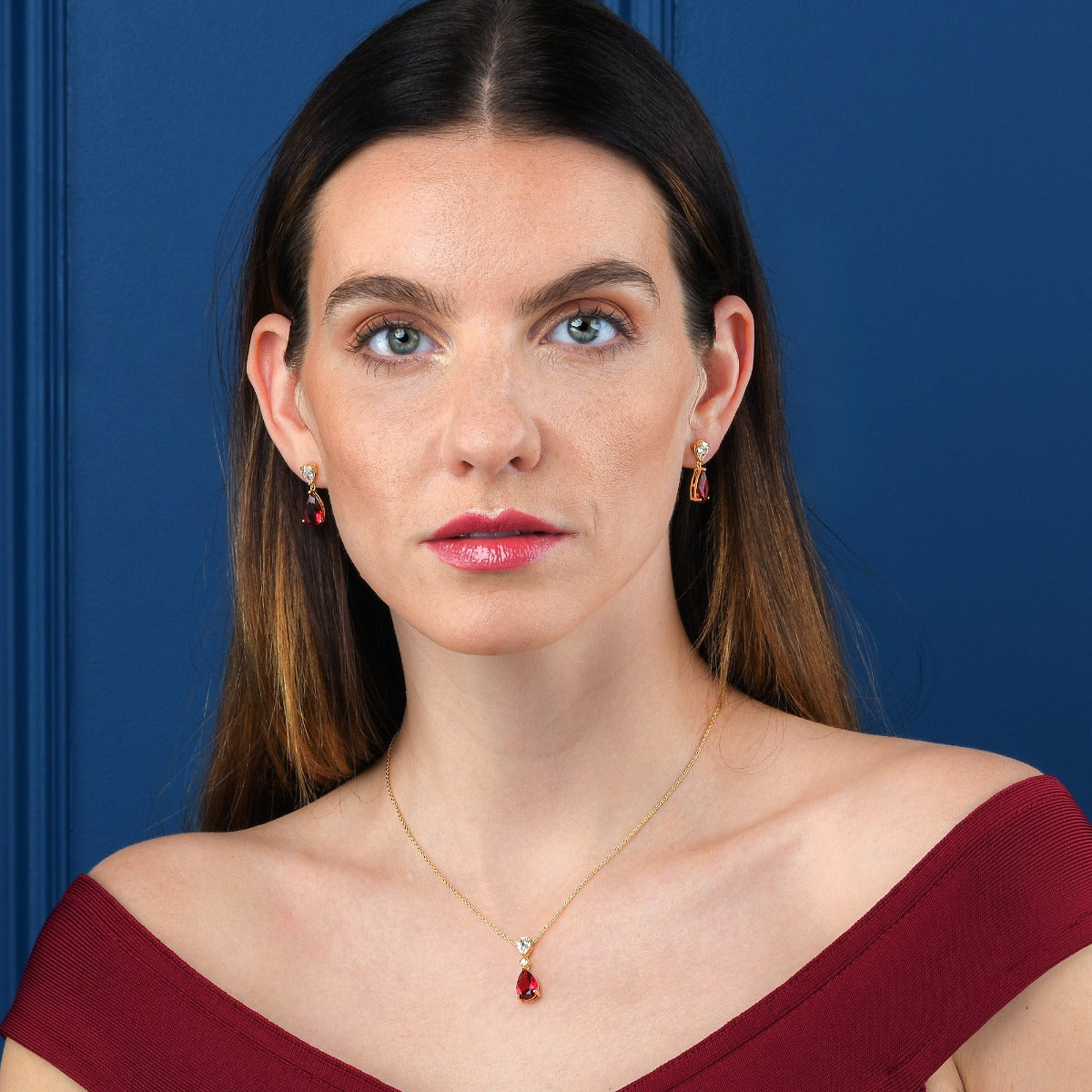 Gold Plated Sterling Silver Red Drop Pendant Necklace